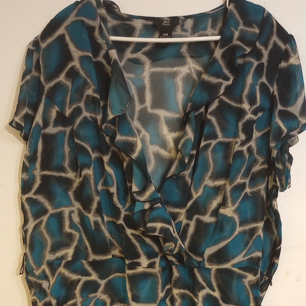 KBS 24W ALL POLYESTER GREEN ABSTRACT SWIRL RUFFLE CASUAL DRESS